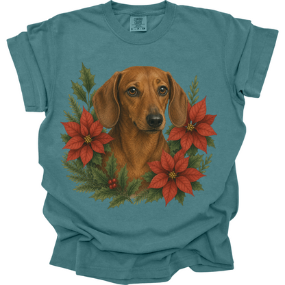 Red Dachshund Christmas Shirt, Poinsettia Doxie Mom Holiday Tee