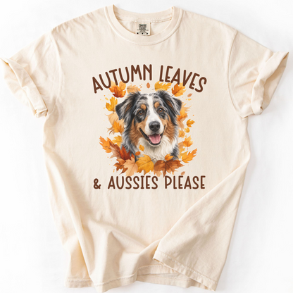 Australian Shepherd Fall Comfort Colors Dog Mom Shirt, Autumn Leaves & Aussies Please