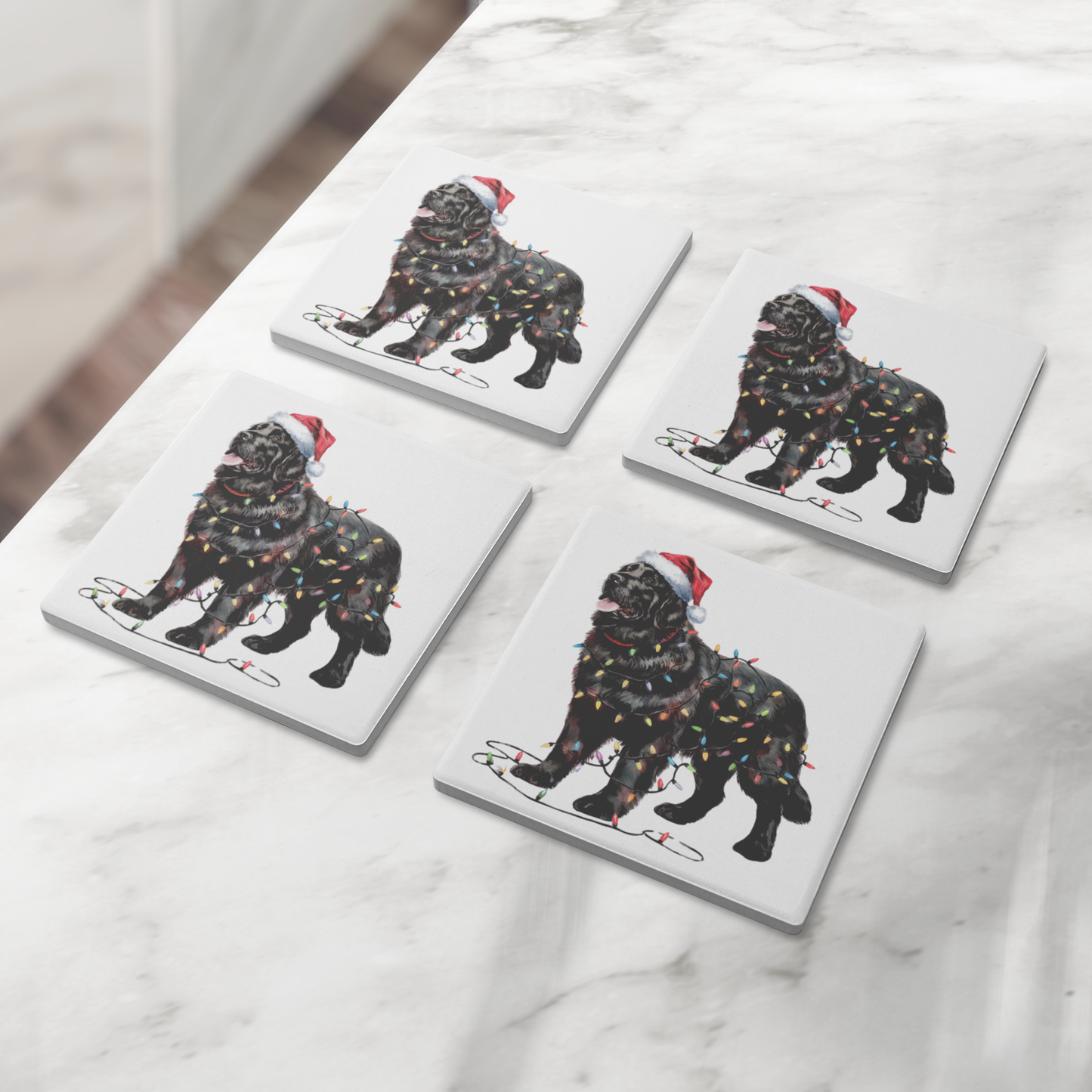 Black Newfoundland Christmas lights Dog Coasters