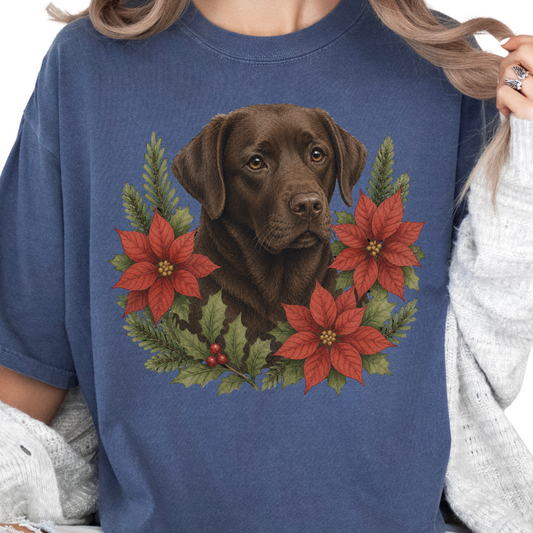 Chocolate Lab Christmas Shirt, Poinsettia Labrador Retriever Dog Mom Holiday Tee