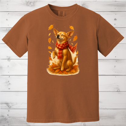 Chihuahua in Autumn Leaves T-shirt, Fall Dog Sweatshirt, Pet Lover Gift, Cozy Canine Apparel, Chihuahua in Scarf, Dog Mom Present