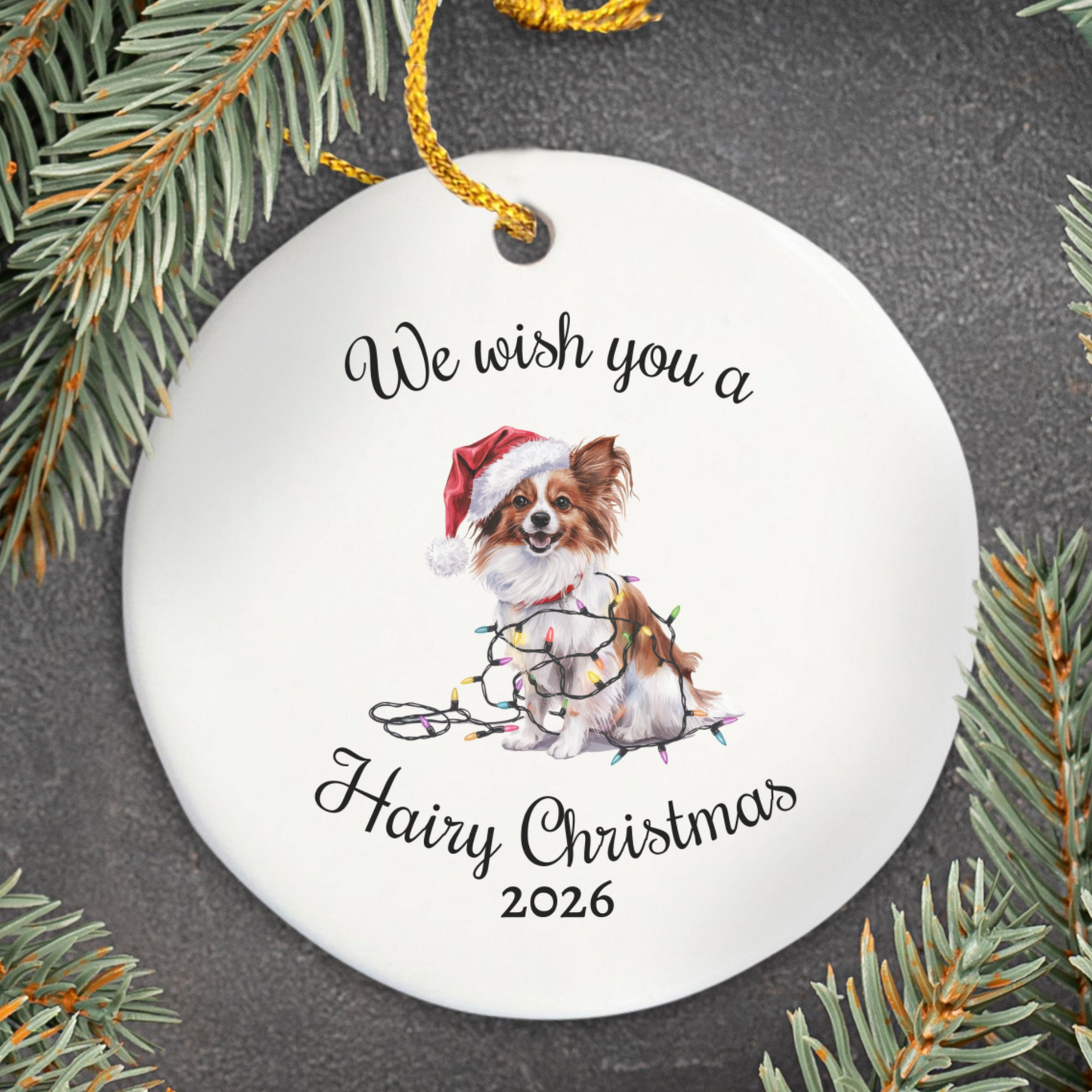 Christmas Papillon Ornament, Christmas Lights Dog Keepsake