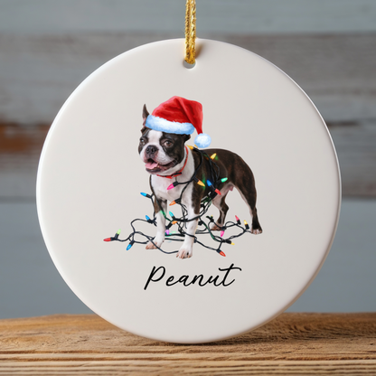 Personalized Boston Terrier Christmas Ornament, Ceramic Dog Lover Gift, Festive Lights Tree Decor