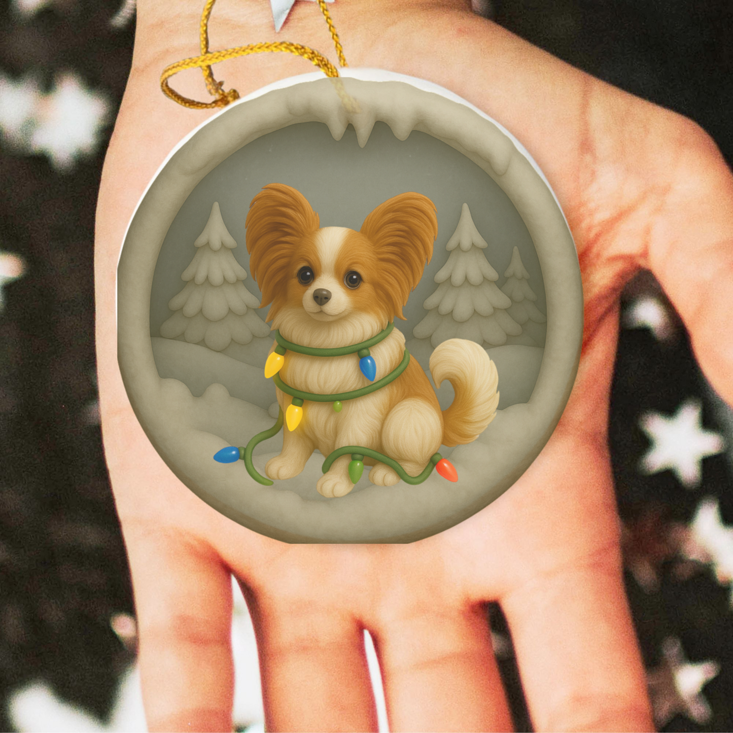 Personalized Papillon Christmas Ornament, 3D Clay-Style Dog Keepsake with Lights