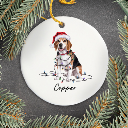 Personalized Beagle Christmas Ornament, Ceramic Dog Holiday Keepsake, Santa Hat Lights Beagle