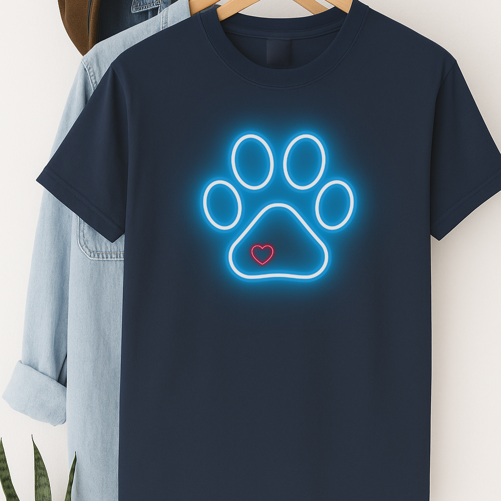 Neon Paw Print T-Shirt – Glowing Dog Lover Tee with Heart for Pet Parents & Animal Fans