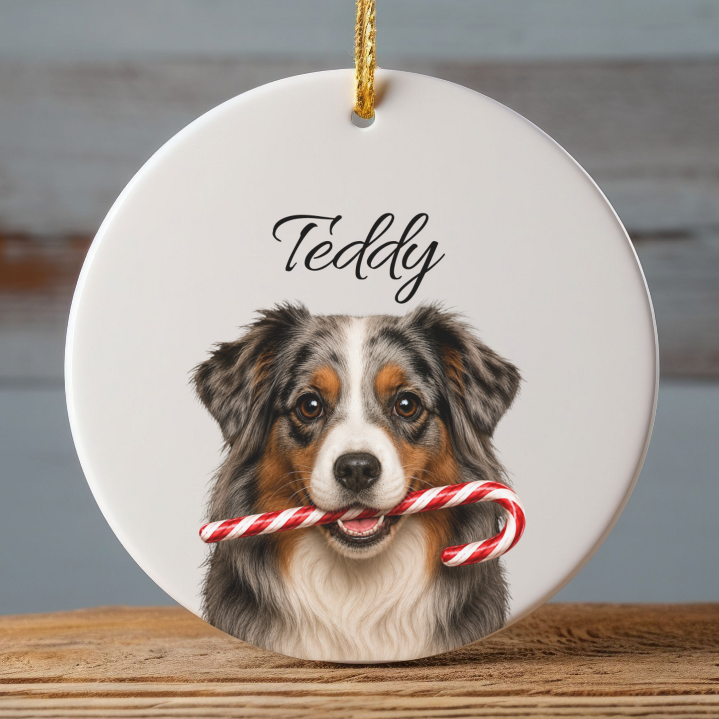 Personalized Australian Shepherd Candy Cane Ornament