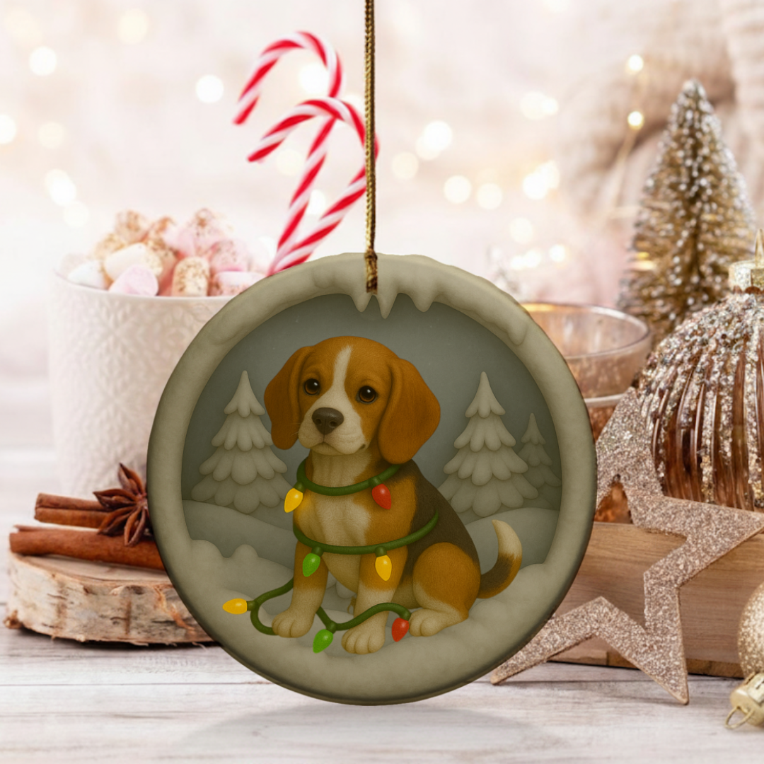 Personalized Beagle Christmas Ornament, Custom Dog with Holiday Lights Keepsake