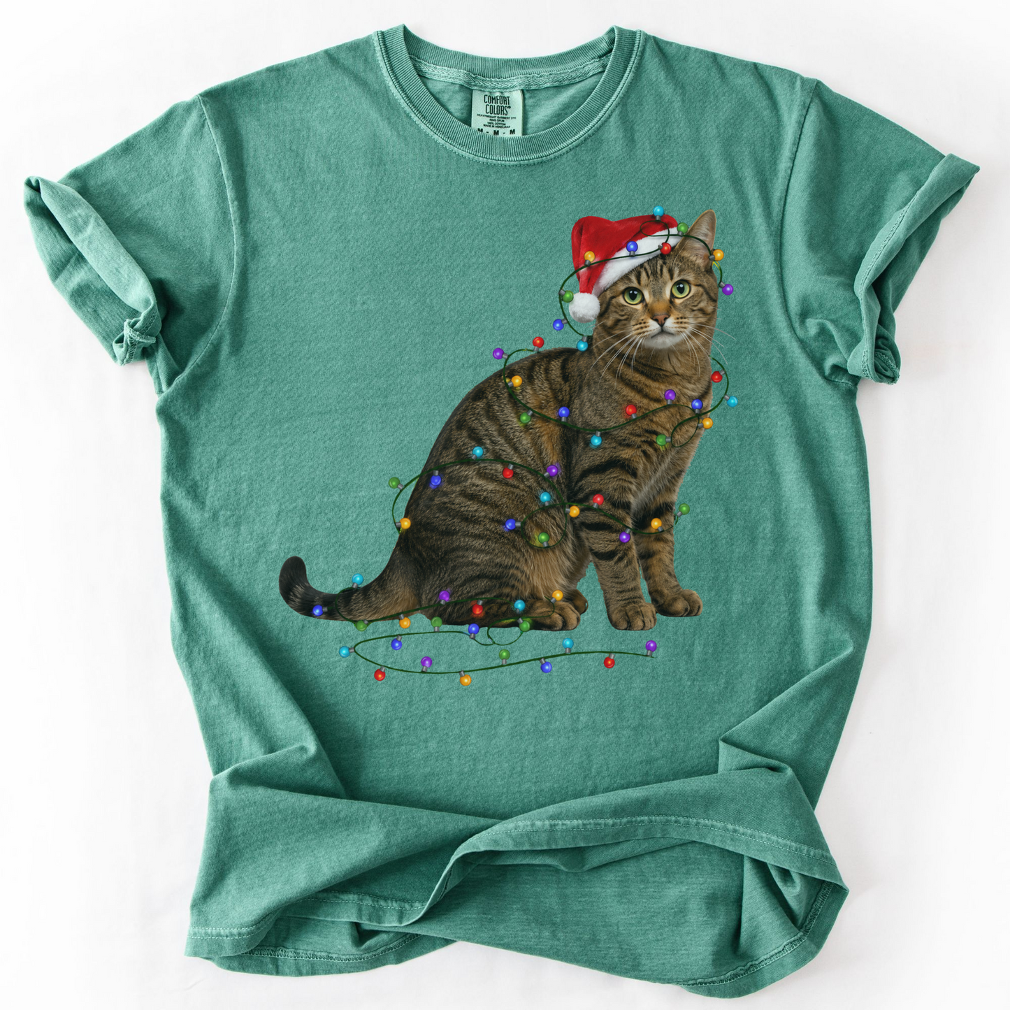 Brown Tabby Cat Christmas Lights Shirt, Comfort Colors Holiday Cat Lover Tee