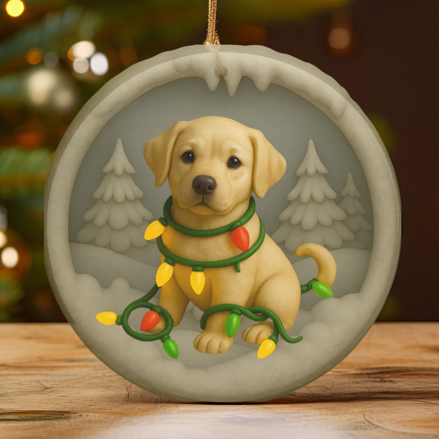 Personalized Yellow Lab Christmas Ornament, Custom Labrador Retriever with Holiday Lights Keepsake