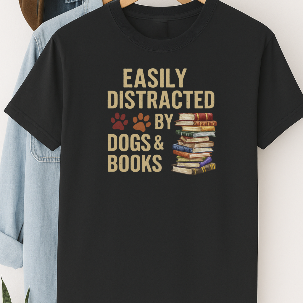 Easily Distracted by Dogs and Books Shirt Dog Lover Bookworm Tee Funny Dog Mom Gift Pet and Book Lover T-Shirt