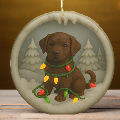 Personalized Chocolate Lab Christmas Ornament, Custom Labrador Retriever with Holiday Lights Keepsake