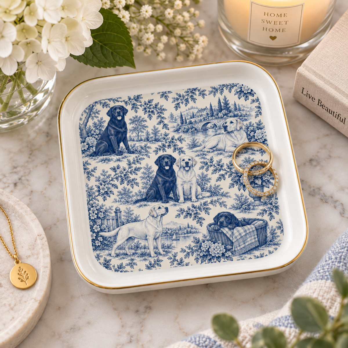 Labrador Retriever Jewelry Dish, Blue Toile Lab Ring Dish, Dog Lover Gift, Trinket Tray