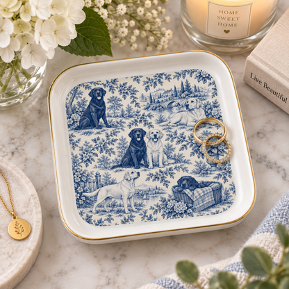 Labrador Retriever Jewelry Dish, Blue Toile Lab Ring Dish, Dog Lover Gift, Trinket Tray