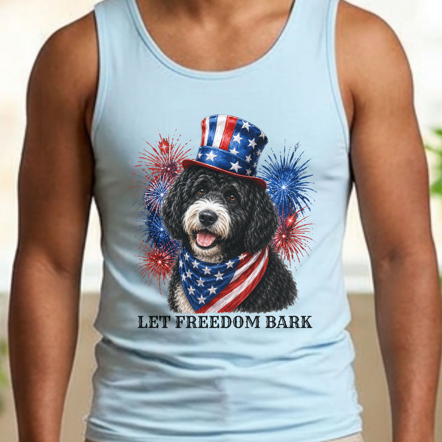 Black Portuguese Water Dog Tank Top, Patriotic Let  Freedom Bark