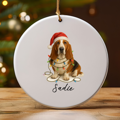 Personalized Basset Hound Christmas Ornament, Ceramic Dog Decor, Santa Hat Lights Keepsake