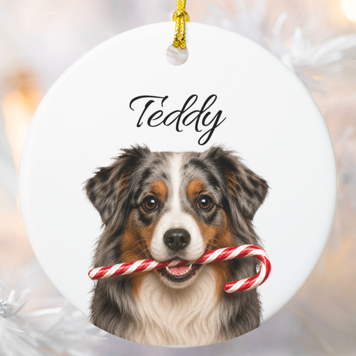 Personalized Australian Shepherd Candy Cane Ornament
