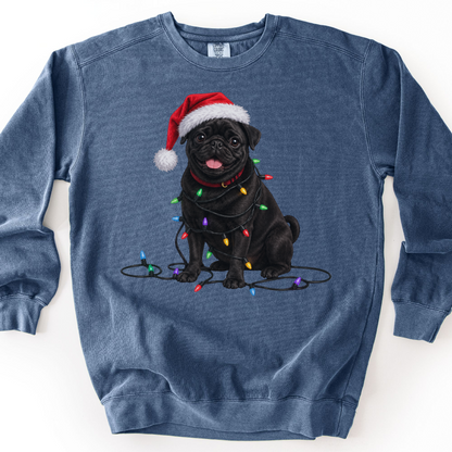 Black Pug Christmas Lights Sweatshirt, Festive Dog Lover Holiday Sweater