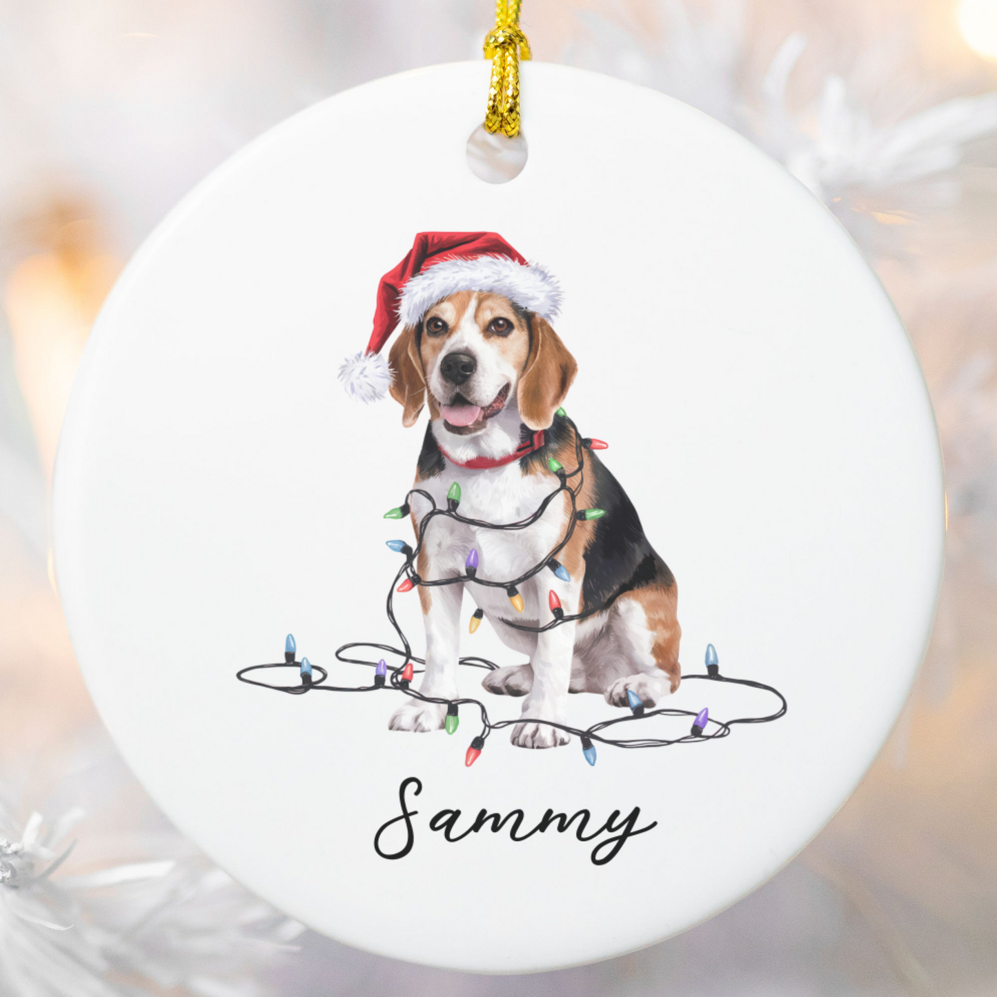 Personalized Beagle Christmas Ornament, Ceramic Dog Holiday Keepsake, Santa Hat Lights Beagle