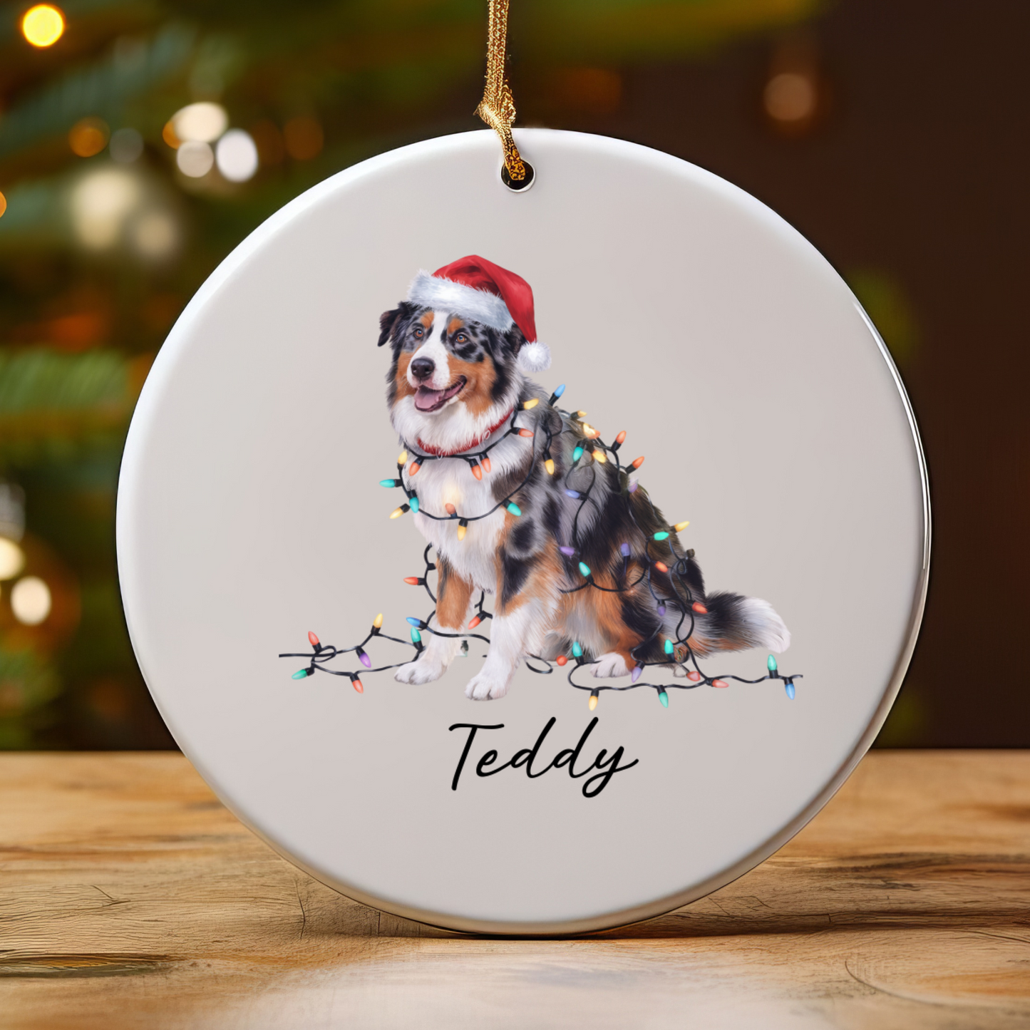 Personalized Australian Shepherd Christmas Ornament, Ceramic Dog Decor, Holiday Lights