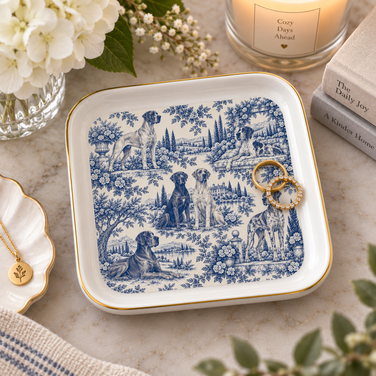 Great Dane Jewelry Dish, Blue Toile Dog Ring Dish, Great Dane Mom Gift, Trinket Tray