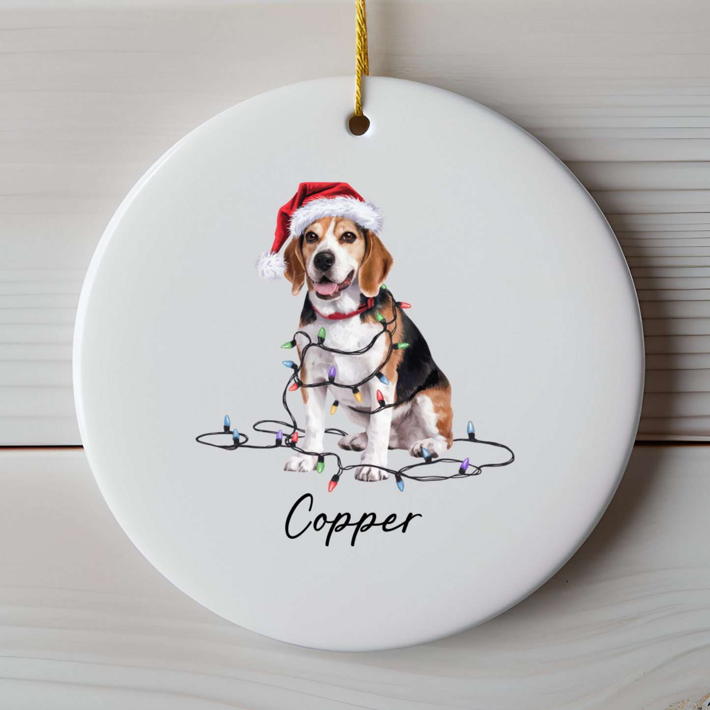 Personalized Beagle Christmas Ornament, Ceramic Dog Holiday Keepsake, Santa Hat Lights Beagle