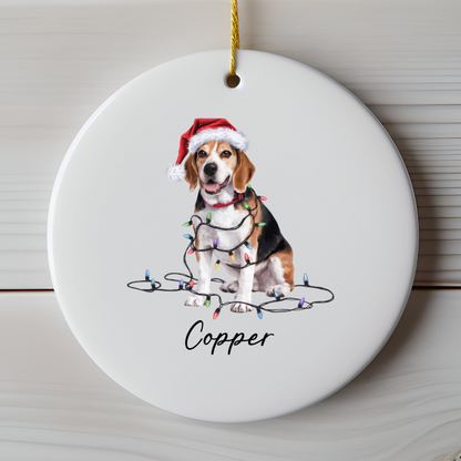 Personalized Beagle Christmas Ornament, Ceramic Dog Holiday Keepsake, Santa Hat Lights Beagle
