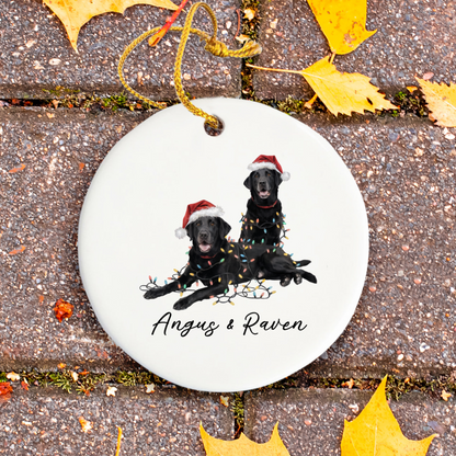 Personalized Black Lab Christmas Ornament: Festive Dog Duo with Lights, Ceramic Keepsake