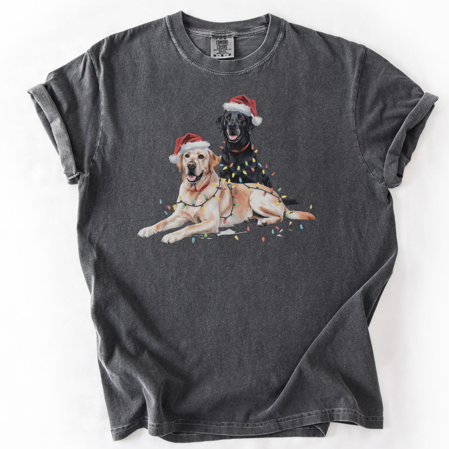 Christmas Labs Shirt, Cute Black and Yellow Labrador Retriever in Santa Hats & Lights, Holiday Dog Lover Gift, Funny Christmas Dog Tee