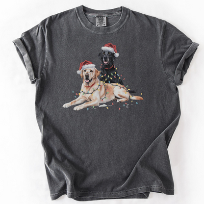 Christmas Labs Shirt, Cute Black and Yellow Labrador Retriever in Santa Hats & Lights, Holiday Dog Lover Gift, Funny Christmas Dog Tee