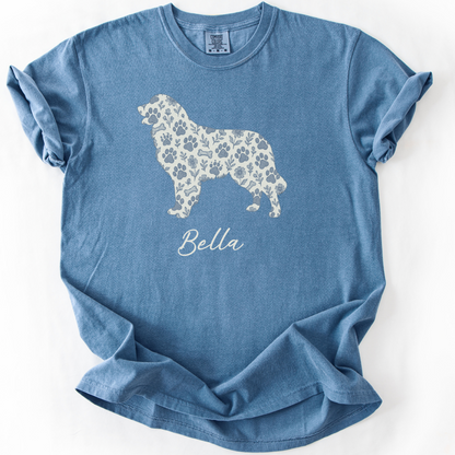 Personalized Dog Silhouette Shirt, Custom Pet Name Tee, Floral Paw Print Dog Lover Gift