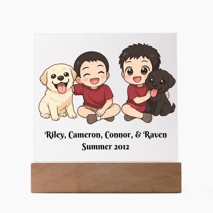 Custom Family Pet Portrait Plaque, Chibi Style Keepsake, Kawaii Cartoon Gift, Personalized LED Decor, Gift for Families