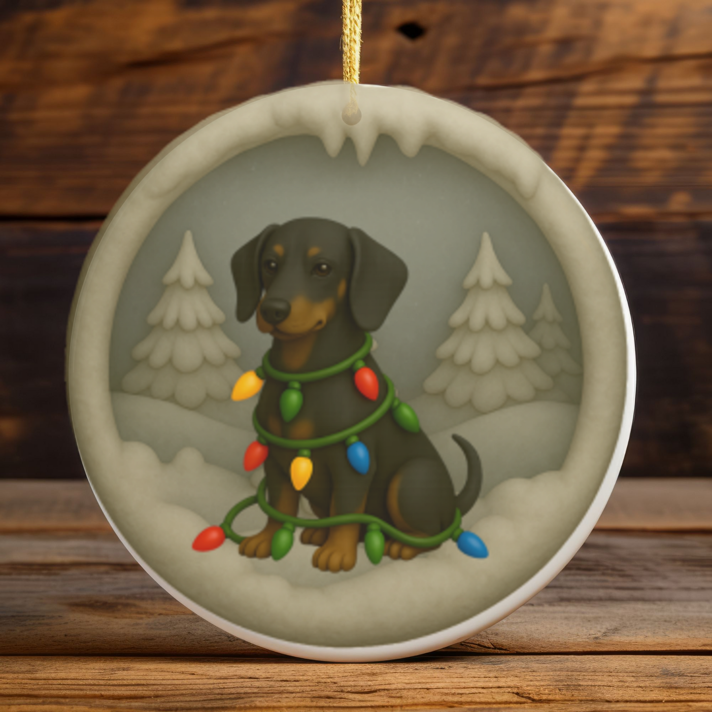 Personalized Black & Tan Dachshund Christmas Ornament, 3D Clay-Style Dog Keepsake with Lights