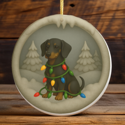 Personalized Black & Tan Dachshund Christmas Ornament, 3D Clay-Style Dog Keepsake with Lights