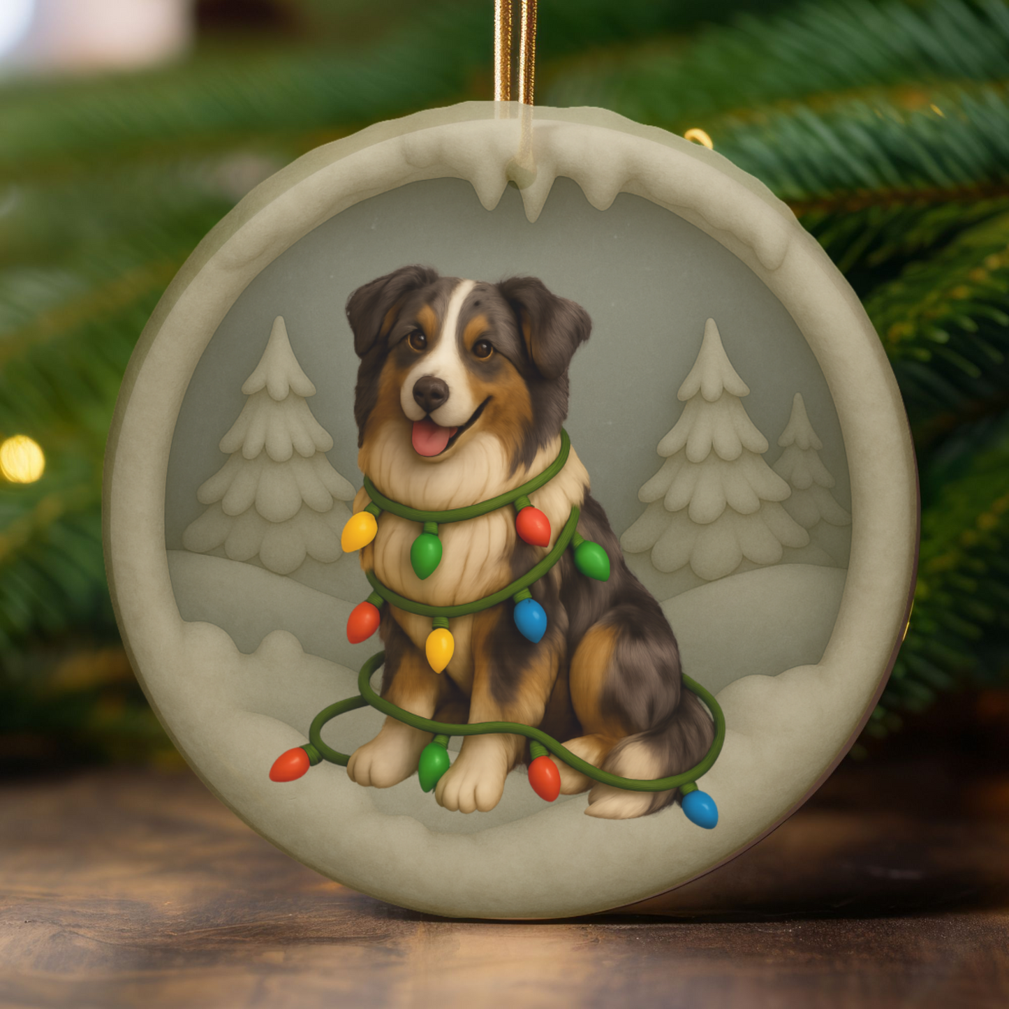 Personalized Australian Shepherd Christmas Ornament, Custom Aussie with Holiday Lights Keepsake