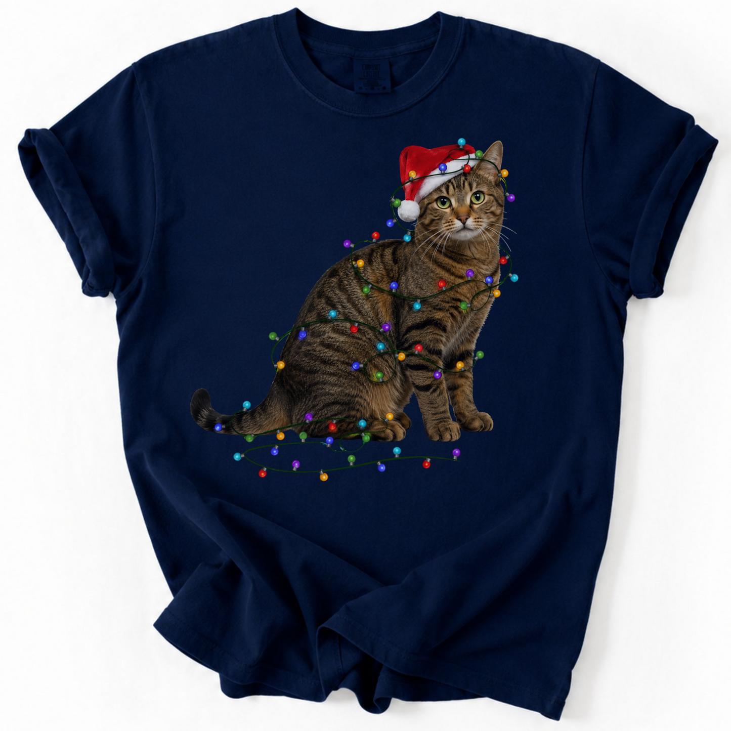 Brown Tabby Cat Christmas Lights Shirt, Comfort Colors Holiday Cat Lover Tee