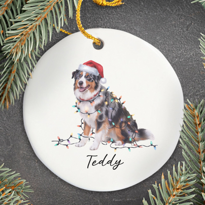Personalized Australian Shepherd Christmas Ornament, Ceramic Dog Decor, Holiday Lights