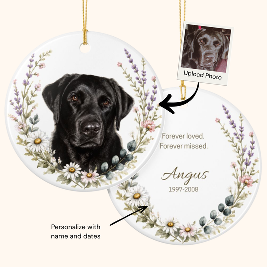 Personalized Pet Memorial Ornament, Custom Wildflower Dog Photo Forever Loved Keepsake