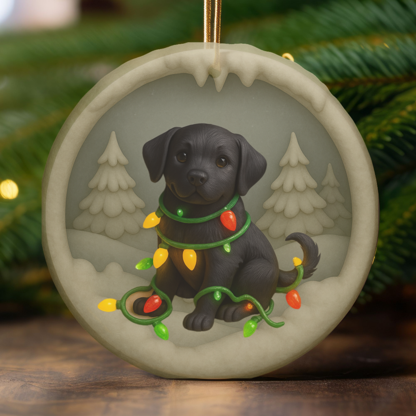 Black Lab Christmas Ornament, Personalized Labrador Retriever Puppy with Holiday Lights, Custom Dog Lover Gift, Tree Decoration