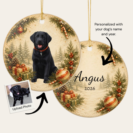 Custom Dog Photo Ornament, Personalized Name and Year, Double Sided Christmas Ornament