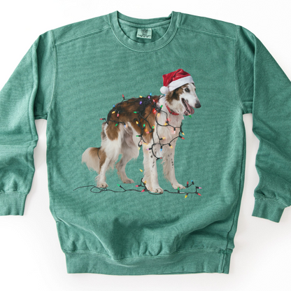 Christmas Borzoi Sweatshirt, Dog Wrapped in Lights, Festive Dog Lover Apparel