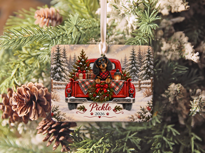 Personalized Black and Tan Dachshund Red Truck Ornament