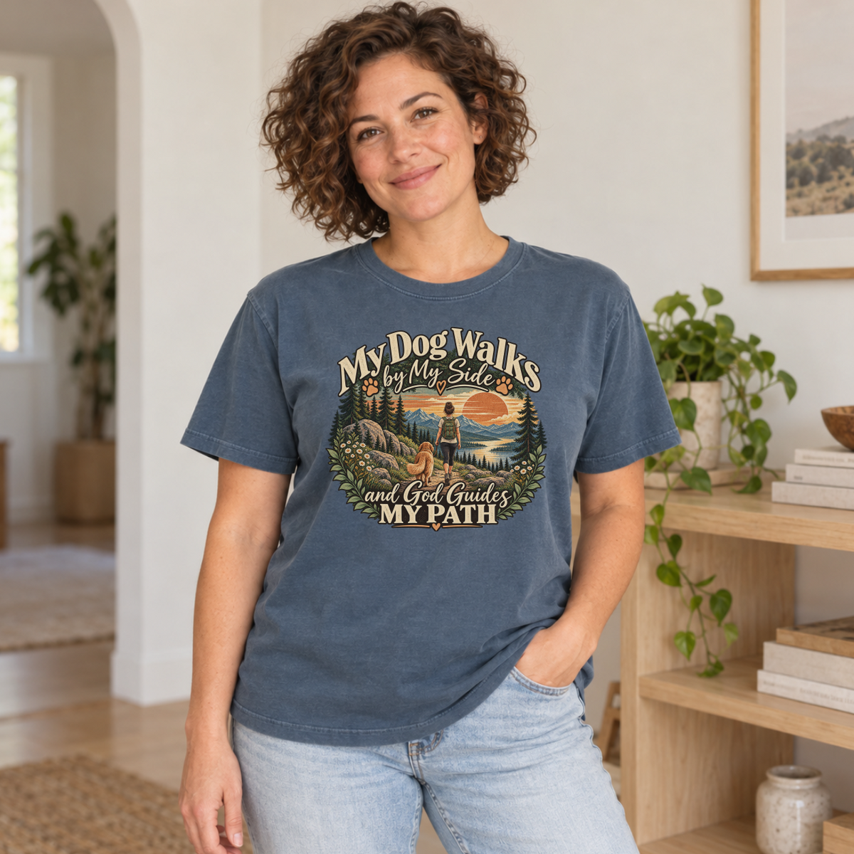 Christian Dog Mom Shirt, My Dog Walks by My Side, Faith Based Hiking Tee
