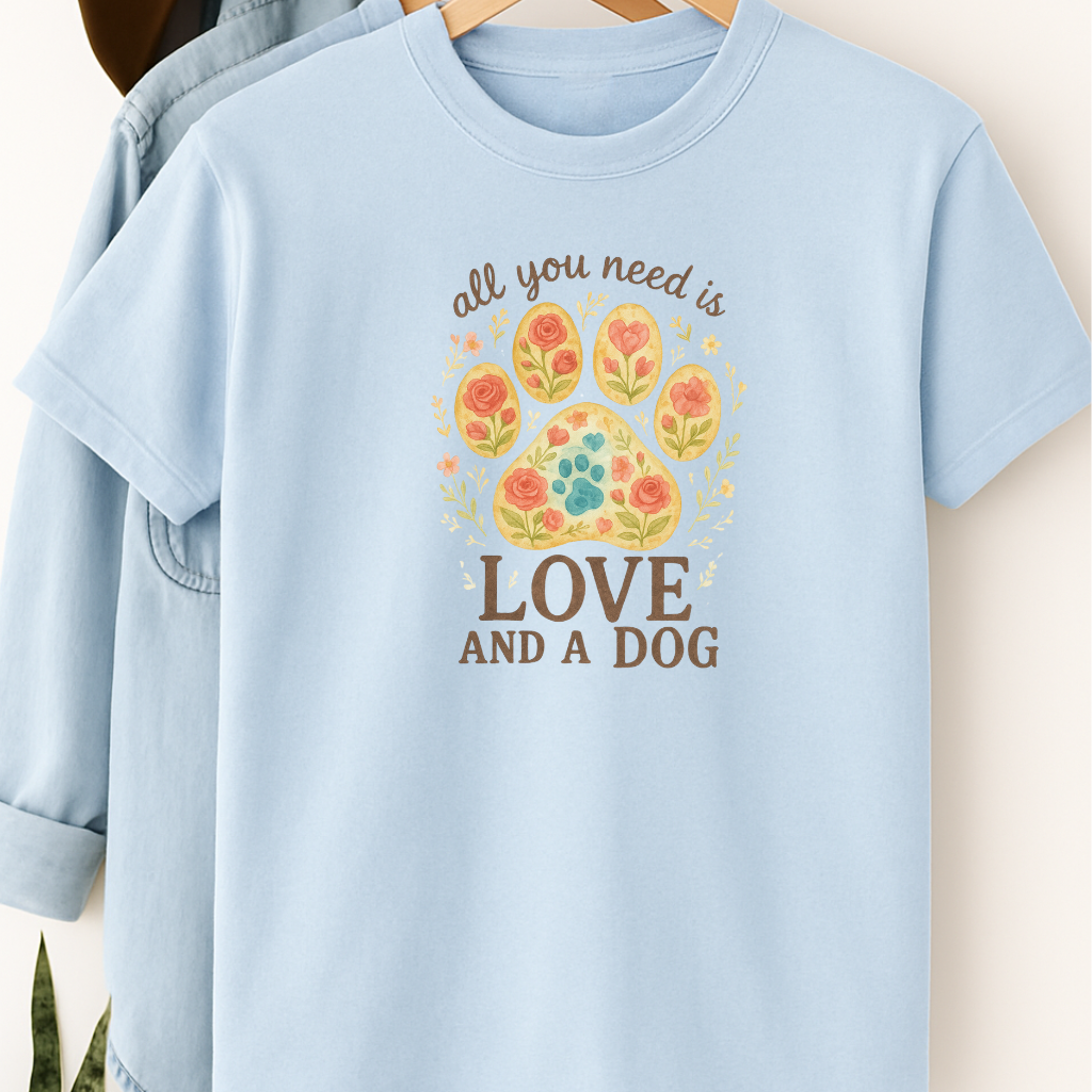 Love and a Dog Floral Paw Print T-Shirt – Sweet Gift for Dog Lovers & Pet Parents