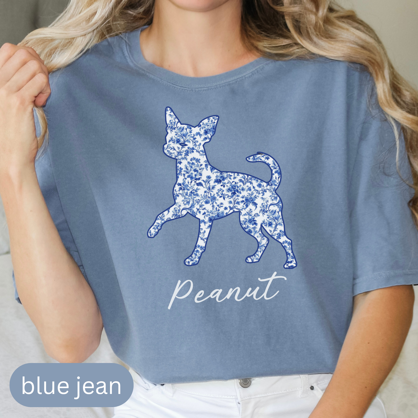 Personalized Chihuahua Silhouette Shirt with Name, Custom Floral Pet T-Shirt Gift for Dog Lovers, Toile Comfort Color Tee, Chinoiserie Shirt
