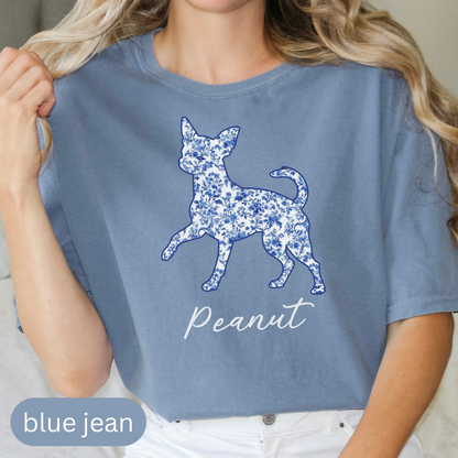 Personalized Chihuahua Silhouette Shirt with Name, Custom Floral Pet T-Shirt Gift for Dog Lovers, Toile Comfort Color Tee, Chinoiserie Shirt