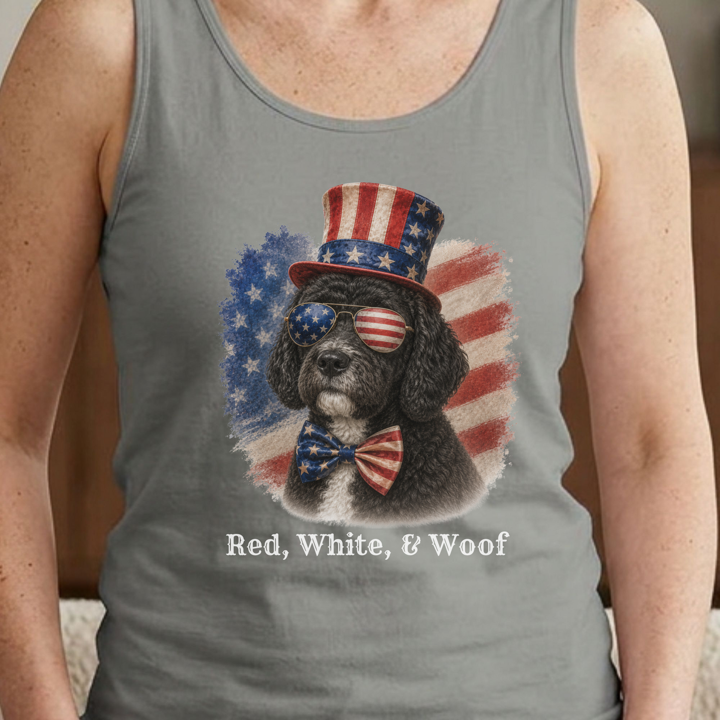 Patriotic Black Portuguese Water Dog Tank Top, Red White & Woof