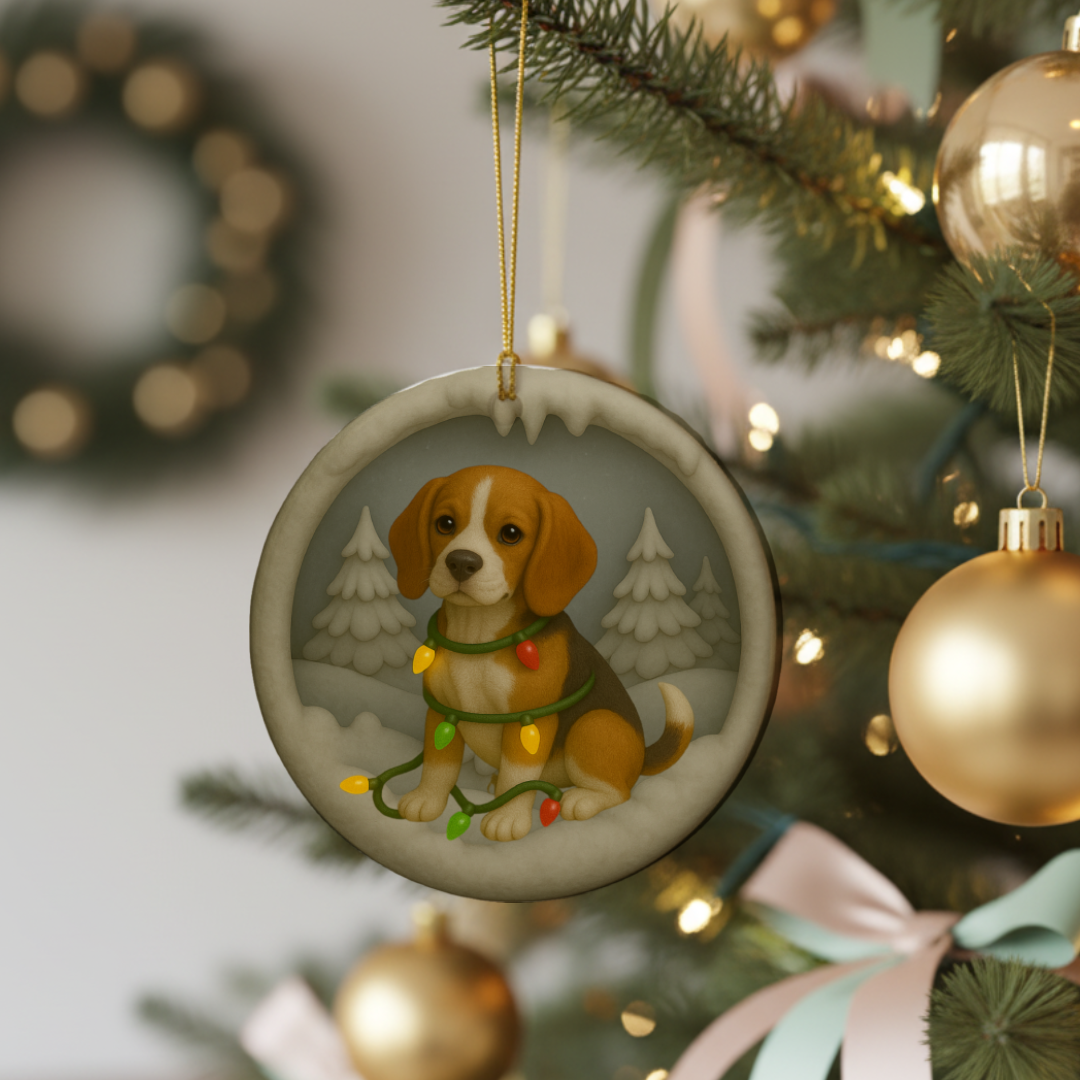 Personalized Beagle Christmas Ornament, Custom Dog with Holiday Lights Keepsake