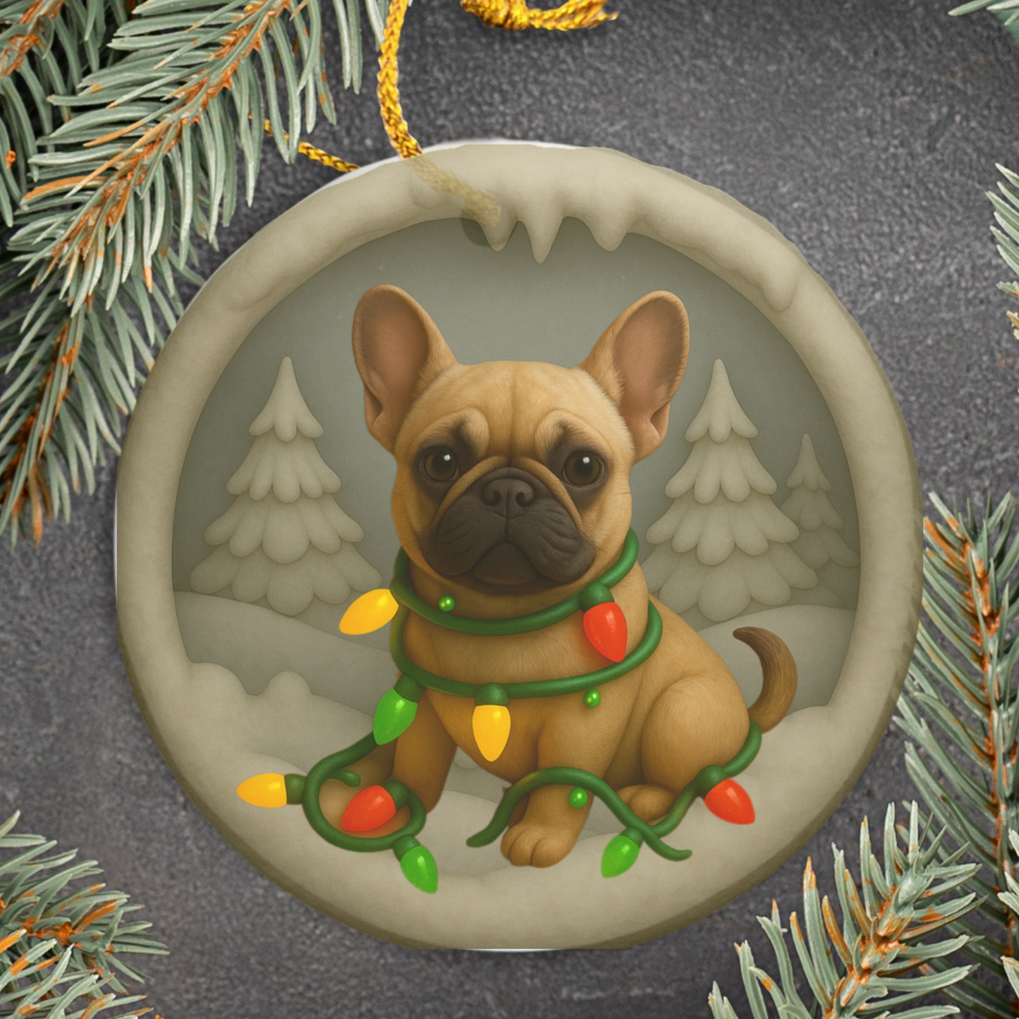 Personalized French Bulldog Christmas Ornament, Custom Frenchie with Holiday Lights Keepsake