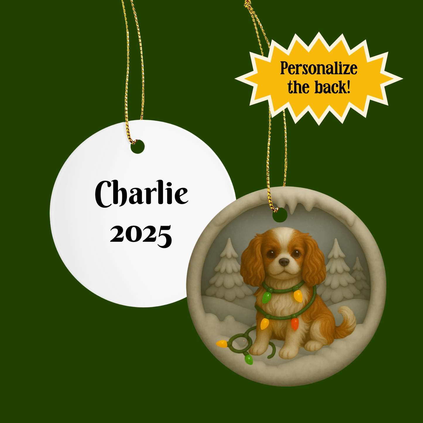 Personalizable Cavalier King Charles Christmas Ornament, Custom Cavie with Holiday Lights Keepsake
